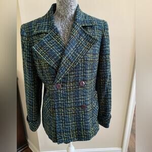 Norton McNaughton Blue Green Tweed Lined Blazer 80s Style Double Breasted Jacket